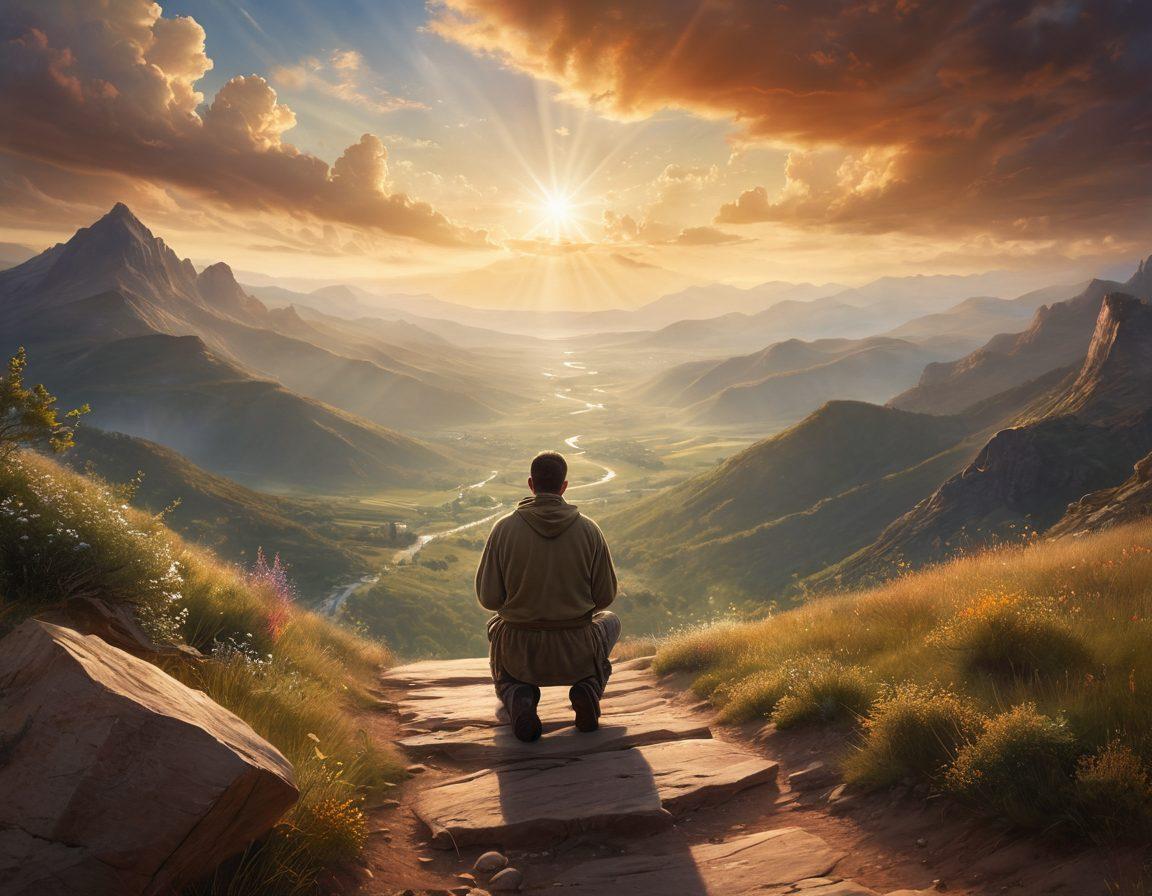 A serene landscape depicting a rugged mountain path leading to a sunlit horizon, symbolizing resilience. In the foreground, a silhouette of a person kneeling in prayer, surrounded by glowing scripture verses from Saint Paul, representing comfort and hope. Gentle clouds roll overhead, and rays of light break through, illuminating the scene with warmth. Soft, ethereal colors enhance the sense of peace and strength. super-realistic. vibrant colors.