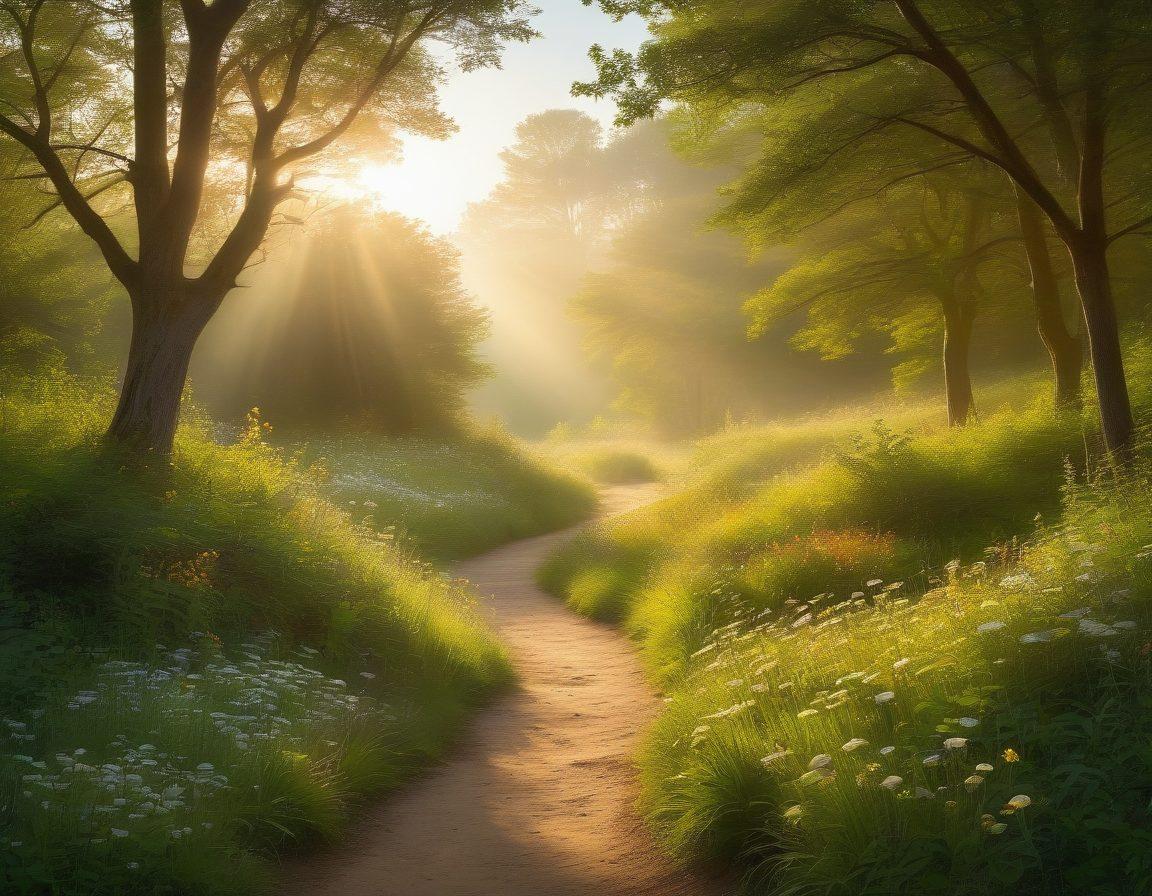 A serene landscape transitioning from a dark, gloomy forest to a bright, sunlit meadow, symbolizing the journey from sorrow to grace. Include a path winding through the scenery with gentle light illuminating a silhouette of Saint Paul guiding the way. Soft, ethereal clouds float above, hinting at hope and divine guidance. Delicate flowers bloom along the path, representing renewal. painting. vibrant colors.