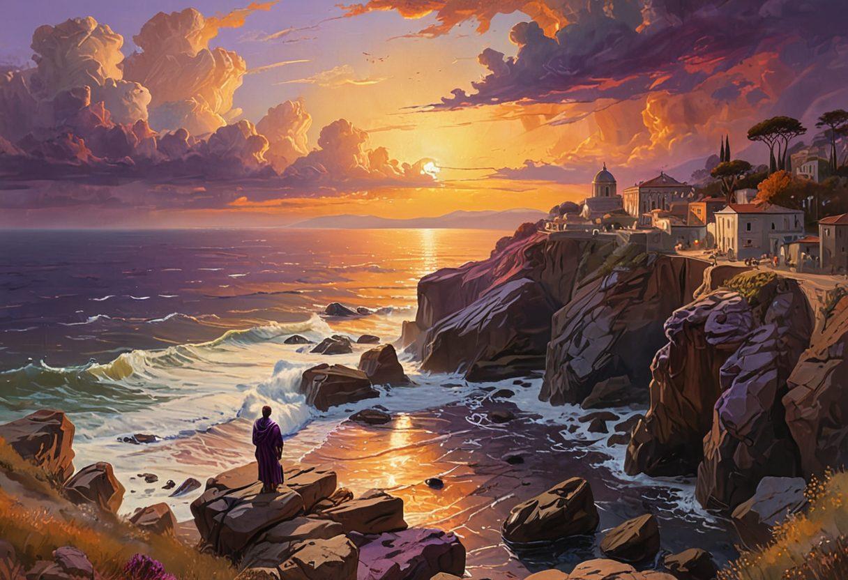 A serene landscape depicting a lone figure standing on a rocky cliff, gazing at a sunset filled with warm hues of orange and purple. Below, rough waters symbolize despair, while a radiant beam of light breaks through the clouds, representing hope. Subtle elements of ancient Roman architecture can be seen in the background, nodding to Saint Paul's wisdom. The scene conveys both struggle and solace, inviting reflection. ethereal painting. warm color palette. natural light.